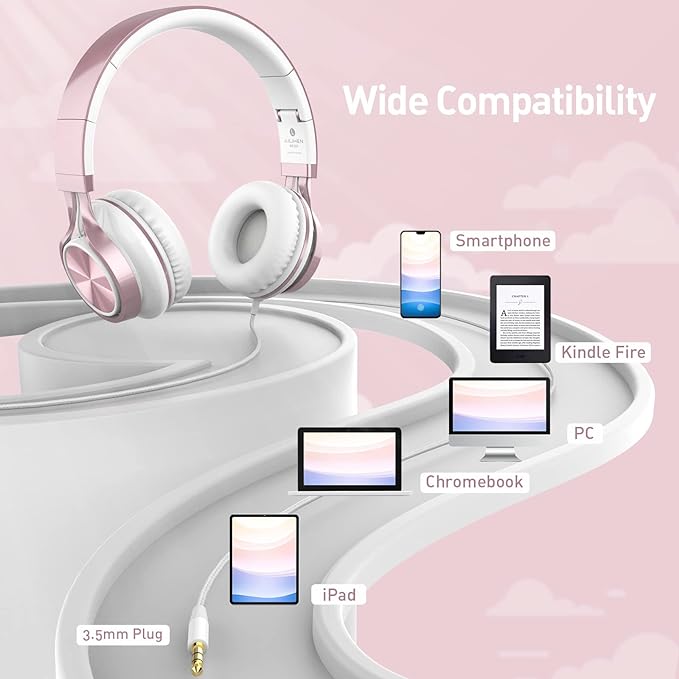AILIHEN Kids Headphones, Headphones for School Girls Wired On-Ear Headsets with Microphone for Chromebook Laptop Computer, Foldable Adjustable Teen, Tangle-Free, 3.5mm Jack (Rose Gold)