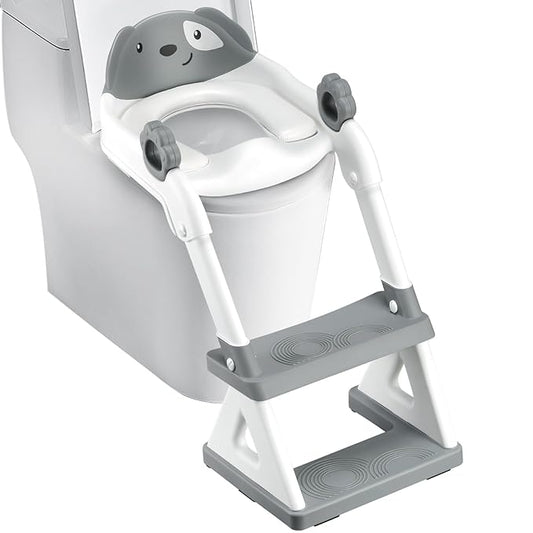 2 In 1 Potty Training Toilet Seat & Toddler Step Stool, Bottom Triangle Stability Toddler Toilet Seat, Adjustable Step & Seat Height Potty Seats (Grey)