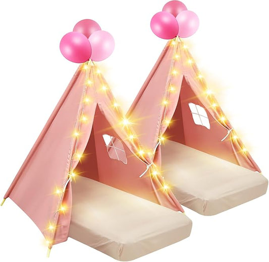 2 Pack Kids Teepee Tent with Mattress,Fitted Sheet,Light String,Washable Natural Cotton Toddler Play Tent for Girls Boys Indoor Outdoor Sleepover Slumber Birthday Party(Pink)