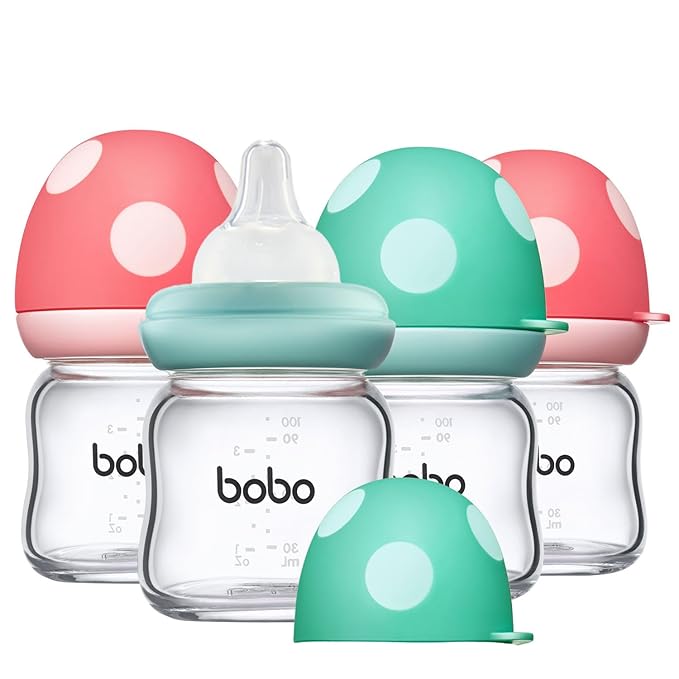 YOHKOH Natural Glass Baby Bottle with Natural Response Nipple, Newborn Anti-Colic Baby Bottles, Wide Neck Mushroom Cap Baby Bottle, Clear (3.4oz (Pack of 4), Multicolour)