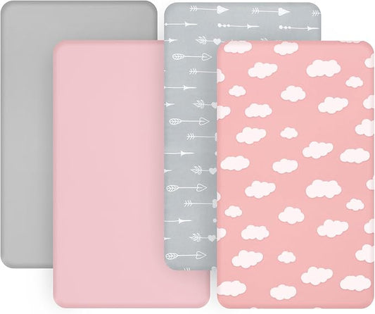 4-Pack Fitted Mini Crib Sheets for Boys and Girls - Breathable, Soft Microfiber Baby Sheets in Grey and Pink