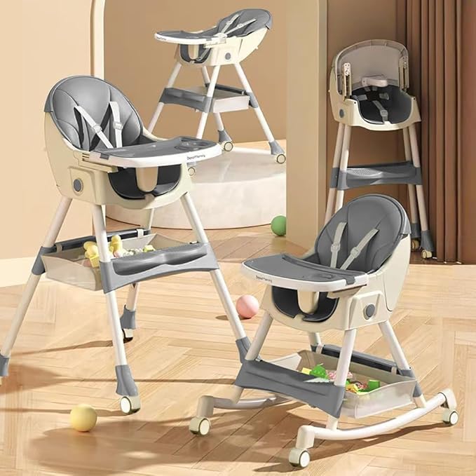High Chairs for Babies and Toddlers, 4 in 1 Convertible Baby High Chair, Portable High Chair for Travel with Adjustable Height and Back, Foldable HighChair with Wheels& Pu Cushion (Grey)