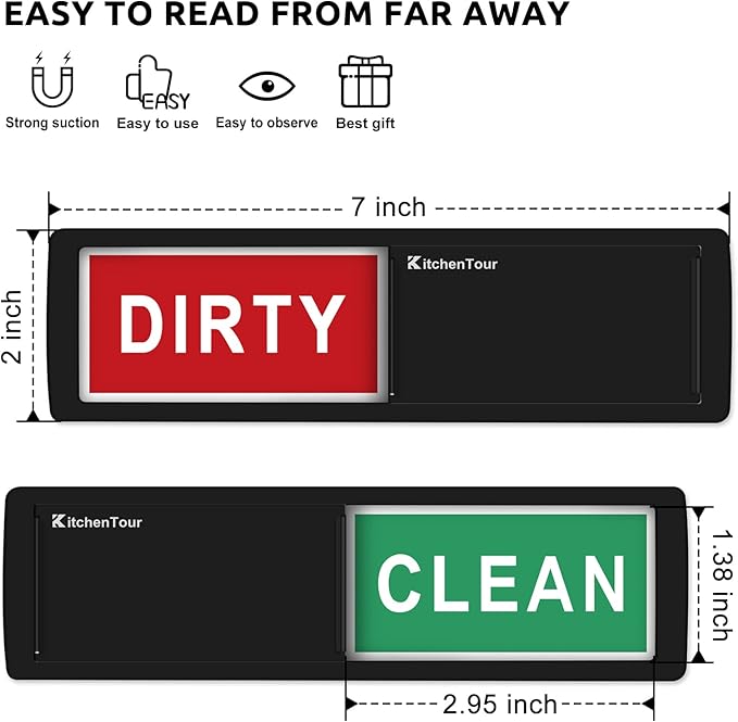 KitchenTour Clean Dirty Dishwasher Magnet - Upgrade Super Strong Magnet Version - Easy to Read Non-Scratch Magnetic Indicator Sign with Clear, Bold & Colored Text - Black