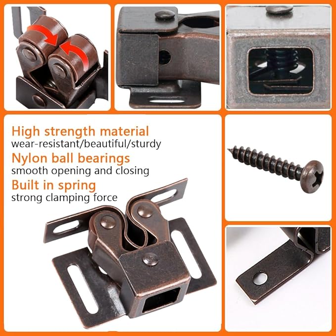 8 Pack Cabinet Latch Double Roller Catch for Cupboard Closet Cabinet Door Latches and Catches, Bronze