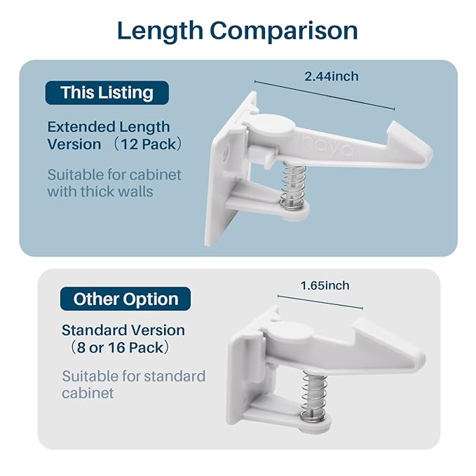 Inaya Cabinet Locks Child Safety Latches - Baby Proofing Cabinets & Drawers Locks - Child Proof Your Home - No Drilling & No Tools Required! (12 Pack - Extended Length Version)
