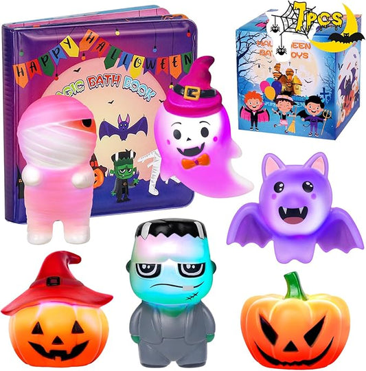 Halloween Light Up Bath Toys for Toddlers Kids, No Hole Bath Toys with Halloween Bath Book, LED Light Bath Time Water Toys for Bath Tubs Bathroom, Halloween Toys & Gift for Toddlers Kids Baby Shower