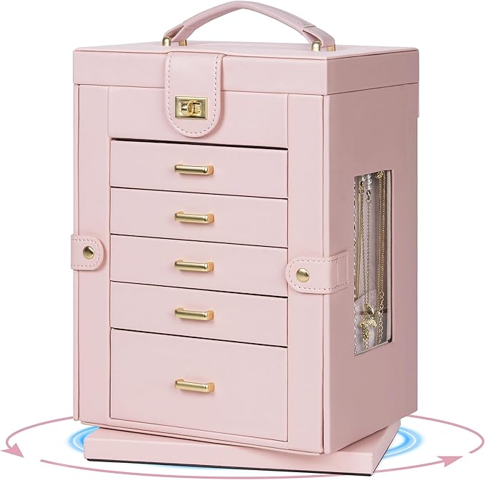 AKOZLIN 360° Rotating Jewelry Box 6-Tier Organizer Functional Jewelry Storage Case for Women Girls Ring Necklace Earring Bracelet Holder with Mirror Pink
