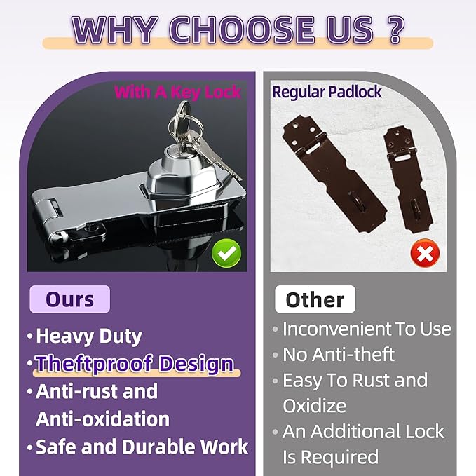 Alise Keyed Hasp Lock,4 Inch Safety Packlock Clasp Hasp Lock Latch with Lock,Door Hinge Lock with Keys Keyed Locking Hasp for Cabinets Closets Doors,Chrome