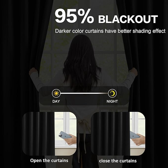 KEQIAOSUOCAI Pinch Pleated Blackout Curtains 90 Inch Long 2 Panels for Bedroom Living Room Thermal Insulated Black Out Window Curtain Pinched Pleat Drape with Hooks (W40 x L90 Inch, Black)