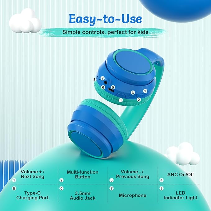 Active Noise Cancelling Headphones for Kids, 60H Playtime, Wireless Bluetooth Over-Ear Blue Headset Built-in Microphone for Home/School/Travel/Party - Includes Portable Case