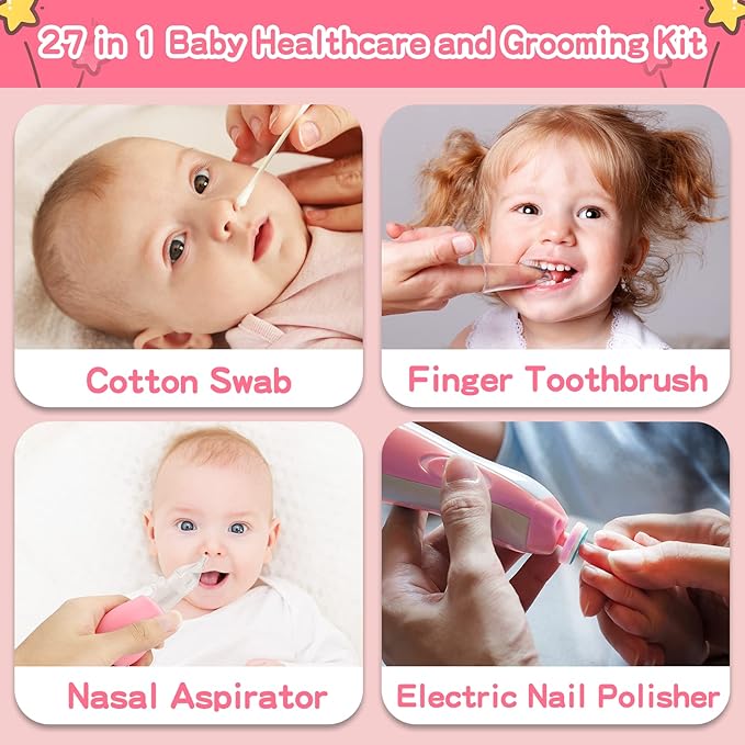 Infant Grooming Essentials: Electric Safety Nail Trimmer, Nasal Aspirator, Hair Brush, Comb, Nail Clipper (27 Piece Safety Care Set for Newborns - Pink)