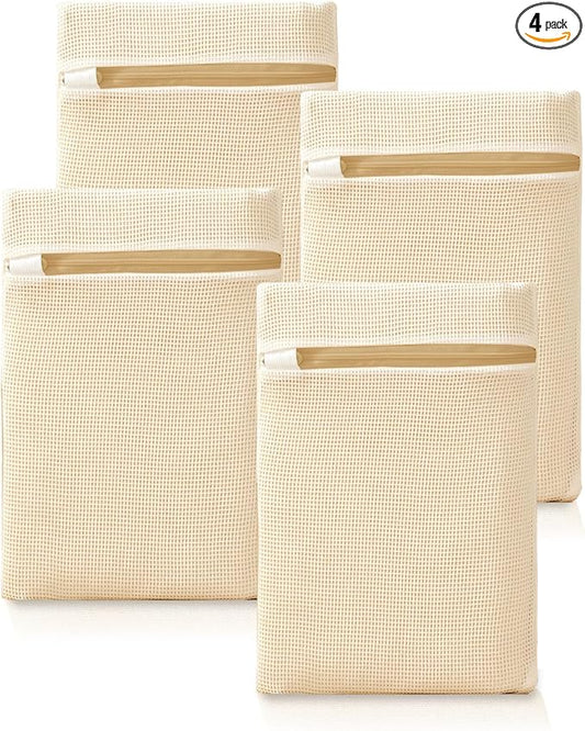4Pcs Cotton Mesh Laundry Bags for Delicates,Breathable Mesh Garment Bag for Washing Machine,Travel Wash Bags with Zipper for Bras,Underwear,Socks,Baby Clothes,Laundry Dorm Room Essentials(S)