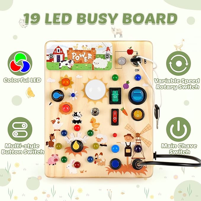 Joyreal Wooden Busy Board with LED Light, Montessori Toddler Toys, Wooden Sensory Board, Toddlers Activity Travel Toys for Boy & Girl Birthday Gift (Farm Theme)