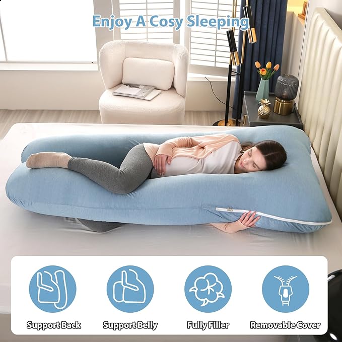 Amagoing Cooling Pregnancy Pillow for Sleeping, U Shaped Maternity Full Body Pillow for Women with Hip, Leg, Back Pain Support, Removable Cooling Cover Included (Light Blue)