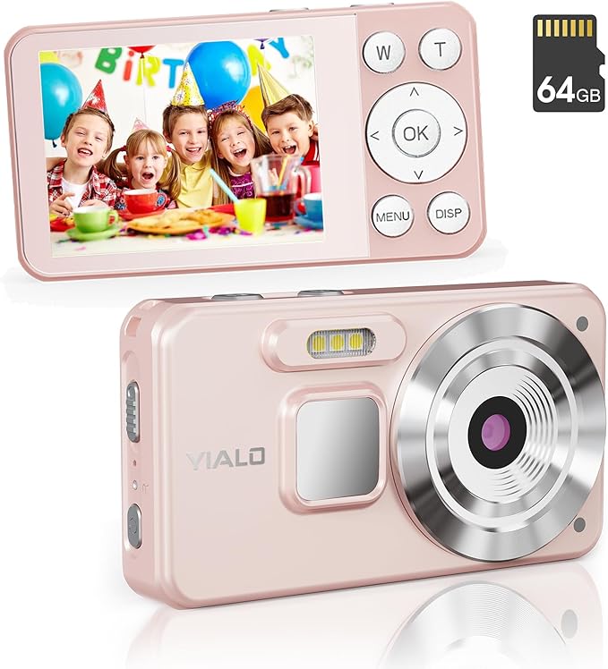 4K Digital Camera for Teens, FHD 64MP Digital Camera for Kids with 64GB SD Card, 18X Digital Zoom Cameras for Photography, Point and Shoot Video Camera for Kids, Pink