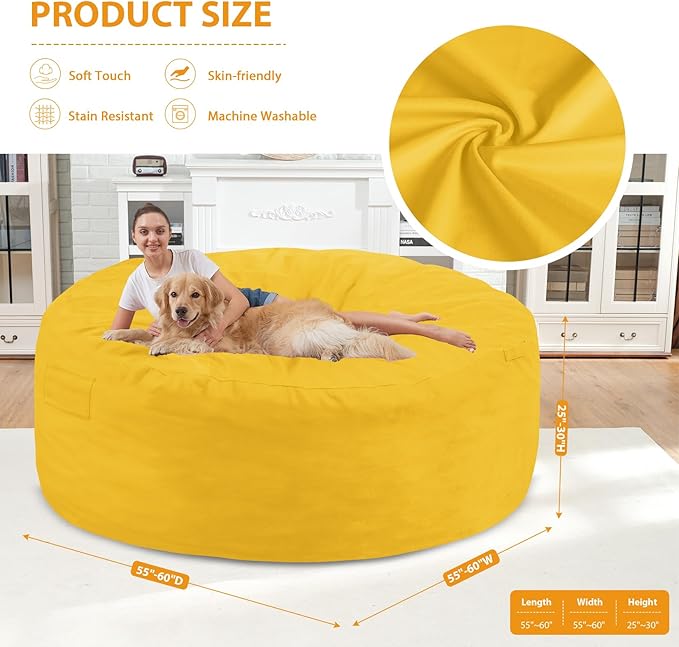 6FT Bean Bag Chair, Large Bean Bag Chairs with Memory Foam Filled, Fluffy Beanbag Sofa with Dutch Velvet Cover, Round BeanBag Chairs for Living Room, Playroom - Lemon