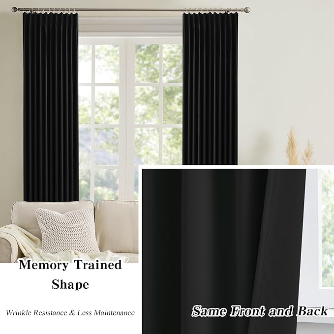 KEQIAOSUOCAI 72 Inch Wide Black Pinch Pleated Curtains 72 x 90, Thermal Insulated Noise Cancelling Living Room Office Drapes 90 Inches Long, Patio Sliding Glass Door Window Curtain 2 Panels