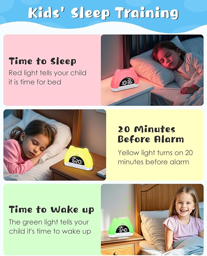 Kids Alarm Clock, OK to Wake Clock for Kids, Cat Clock with 11 Colors Night Light, 10 Soothing Sounds, Child Lock, Dual Alarms, Sleep Training, Birthday Gift for Boy Girls Children