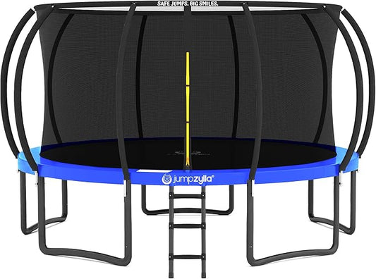 JUMPZYLLA Trampoline Outdoor 8FT 10FT 12FT 14FT 15FT 16FT with Enclosure and Ladder, ASTM Approved Recreational Trampoline for Kids and Adults, Anti-Rust Coated Frame