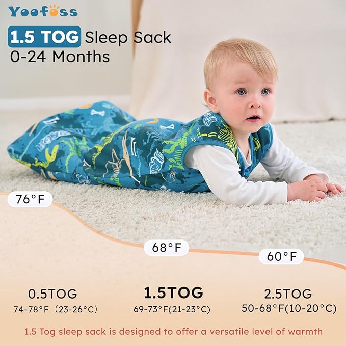 Yoofoss Baby Sleep Sack 12-18 Months, 1.5 Tog Baby Wearable Blanket with 2-Way Zipper, 100% Cotton Organic Fabric Winter Infant Sleeping Sack, Warm Soft Comfy