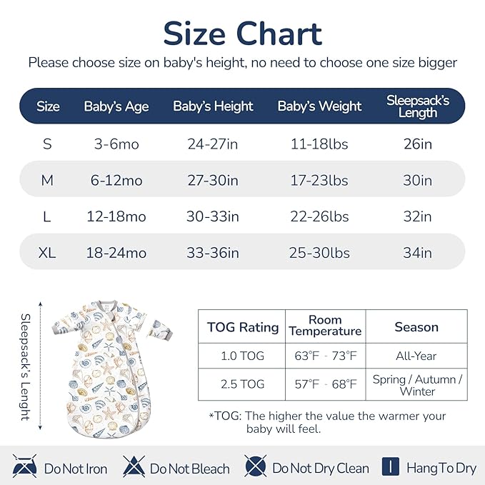 Baby Sleep Sack 18-24 Months, Cotton Detachable Long Sleeve Sleep Sack, 1.0 Tog Toddler Sleeping Sack with Temperature Strips, 2-Way Zipper Wearable Blankets for Newborns, Ocean