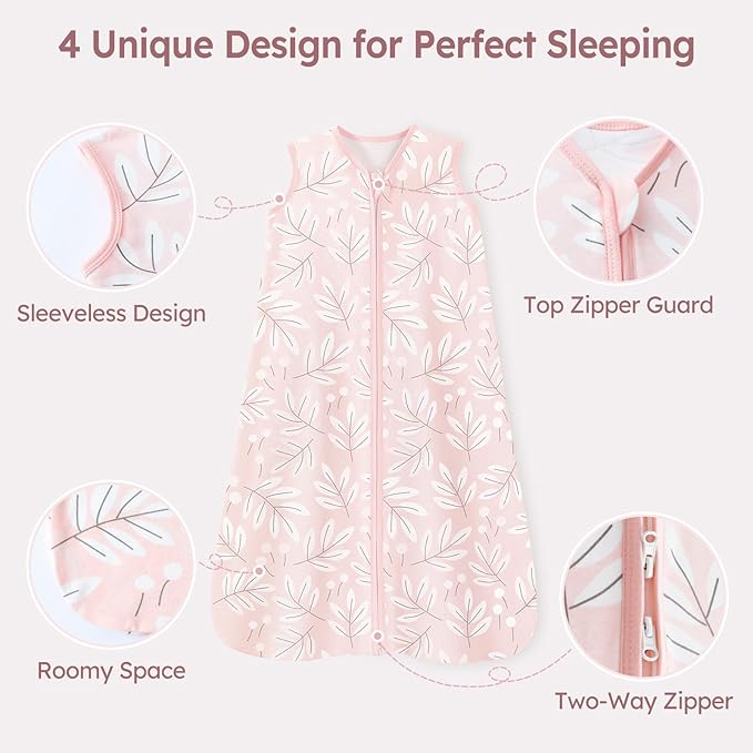 Baby Sleep Sack 6-12 Months 3 Pack 100% Cotton Lightweight 0.5 TOG Wearable Blanket Baby Sleep Bag with 2-Way Zipper for Newborn Infant Pink Flowers & Leaf