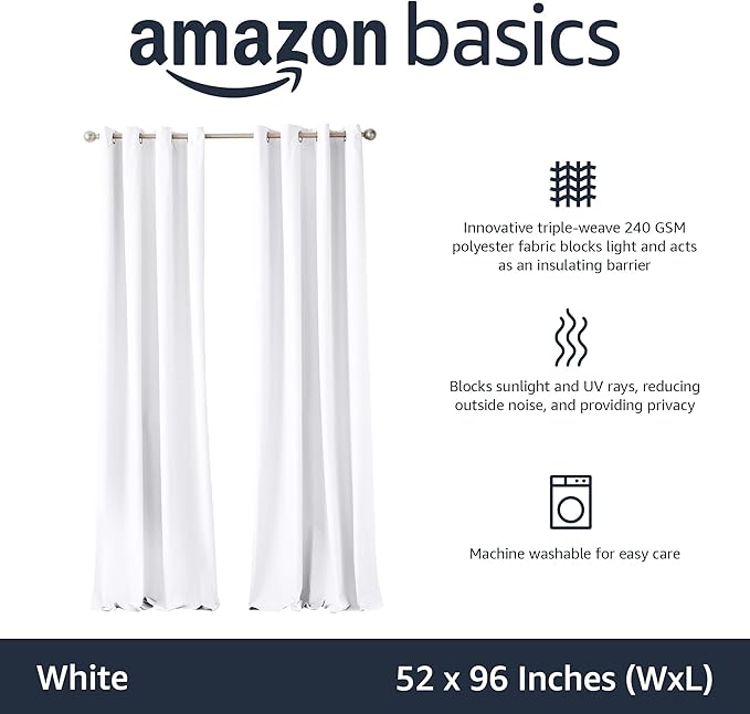 Amazon Basics Room Darkening Light Blocking Blackout Window Curtain with 2 Panels Grommets, for Living Room and Bedroom, 52 x 96 inches, White - Set of 2