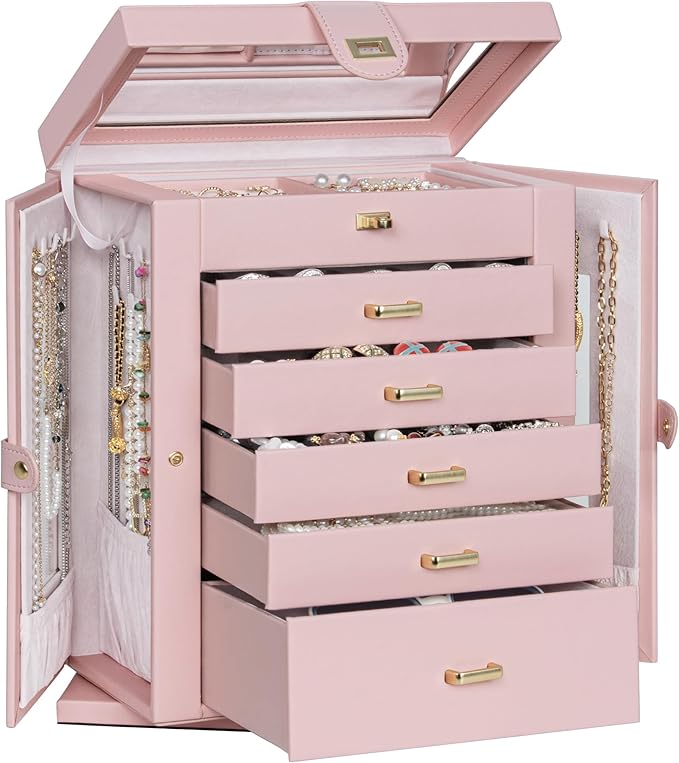 AKOZLIN 360° Rotating Jewelry Box 6-Tier Organizer Functional Jewelry Storage Case for Women Girls Ring Necklace Earring Bracelet Holder with Mirror Pink