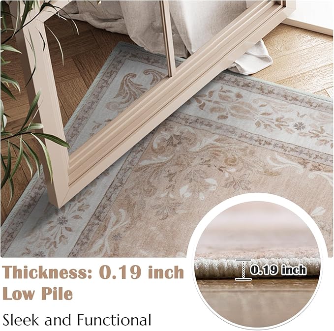 jinchan Vintage Floral 3x5 Area Rugs for Entryway - Machine Washable Distressed Design Ultra-Thin Low-Pile Soft Non-Shedding Carpet for Kitchen Bedroom Entrance Laundry Living Room (3x5ft,Coral Pink)