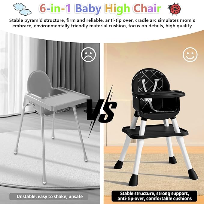 6 in 1 Baby High Chair for Babies and Toddlers, Booster Seat, Kids Learning Table & Chair (Black)