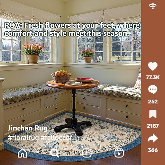 jinchan Floral Corner Rug for Living Room Washable Bedroom Rug Vintage Romance Design Non Slip Quarter Circle Lightweight Low-Pile Throw Carpet for Reading Nook Playroom,8ft Radius, Blue/Beige