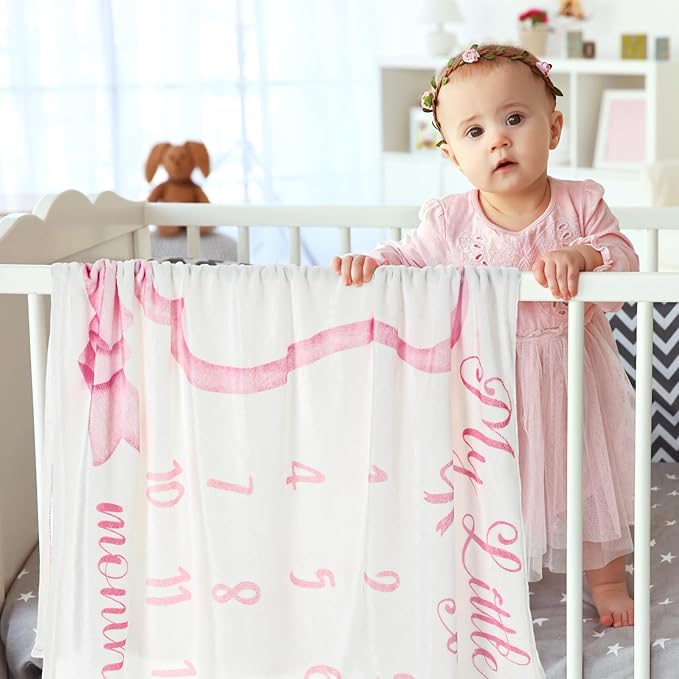 Trendy Pink Bow Coquette Baby Milestone Blanket Coquette Flannel Blanket Newborn Infant Swaddle Growth Baby Frame for Boys Girls Nursery (Bow, Pink)
