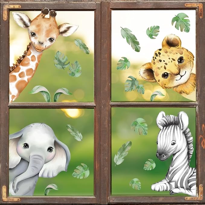 22.44 x 21.25 Inch Watercolor Jungle Animal Window Clings Tiger Lion Elephant Zebra Window Stickers Double-Side Safari Animal Window Stickers for Baby Nursery Playroom Bedroom Window Glass Wall Decor