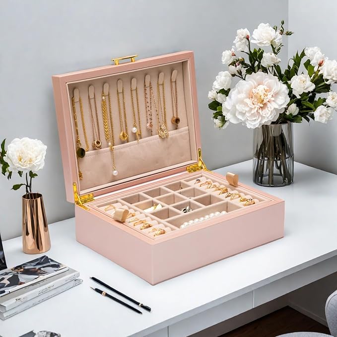 2-layer jewelry box，Jewelry Organizer with Handle，with hanging necklace hooks, detachable jewelry trays, suitable for storing a large amount of jewelry gift box (rose gold)