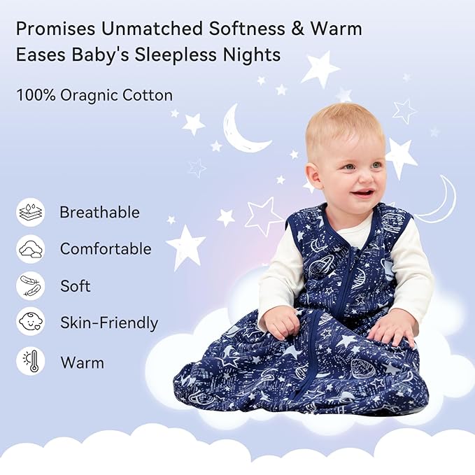 Baby Sleep Sack 6-12 Months 3 Pack 100% Cotton Lightweight 0.5 TOG Wearable Blanket Baby Sleep Bag with 2-Way Zipper for Newborn Infant Blue