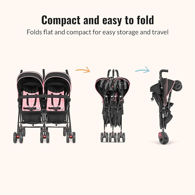 Dream On Me Volgo Twin Umbrella Stroller in Pink, Lightweight Double Stroller for Infant & Toddler, Compact Easy Fold, Large Storage Basket, Large and Adjustable Canopy