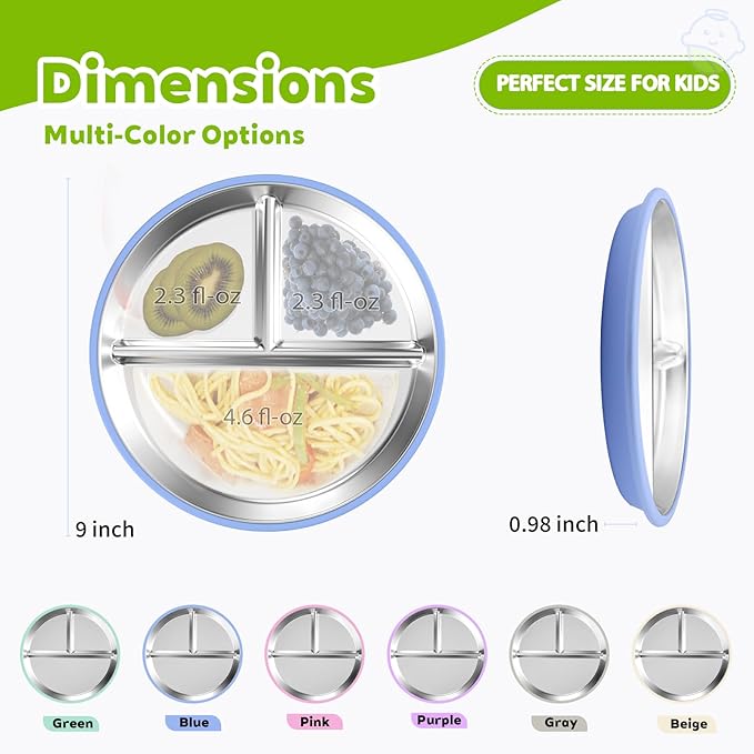 3-Pack Stainless Steel Baby Plates with Suction, BPA-Free Stainless Steel Kids Plates, 9” Divided Toddler Plate for Dishwasher Safe, Non-Slip Silicone Base, Detachable Design (Blue, Gray, Green)