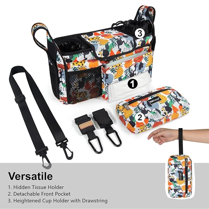 TOPDesign Universal Baby Stroller Organizer, Stroller Caddy with Heightened Insulated Cup Holders & Non-Slip Secure Hooks Accessories, Fits Most Strollers, Machine Washable (Zoo)
