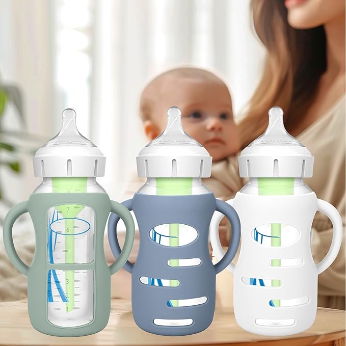 BUSOHA 3 Pack Silicone Sleeves for Dr Brown's Glass Baby Bottles - Drop Protection Baby Bottle Sleeves,Compatible with Dr. Brown's Newborn Glass Bottles,with Silicone Handles,9 oz