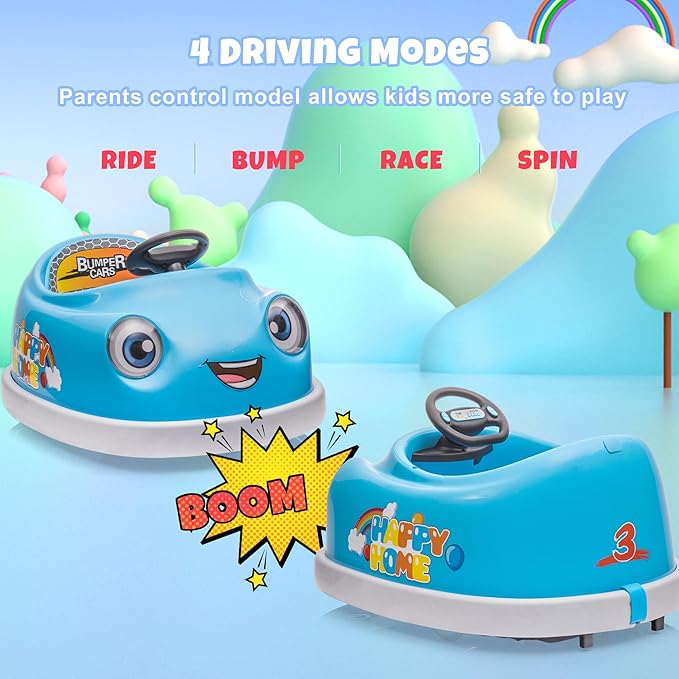 12V Dual Battery Electric Ride on Kids Bumper Car w/Remote Control,360 Degree Spin,Push Rod Rocker Horse Function,3-Speeds Babies & Toddlers Bumping Car Ride on Toy Gift for 1-4 Years Children (Blue)
