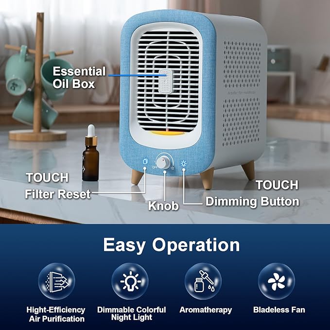 Jafanda Air Purifier for Home Bedroom 780sq ft, HEPA & Activated Carbon, Air Cleaner with Fragrance Sponge & Nightlight for Smoke, Allergies, Dust, Odor, VOC, Pet Dander, Pollen, Office, Desktop,Blue