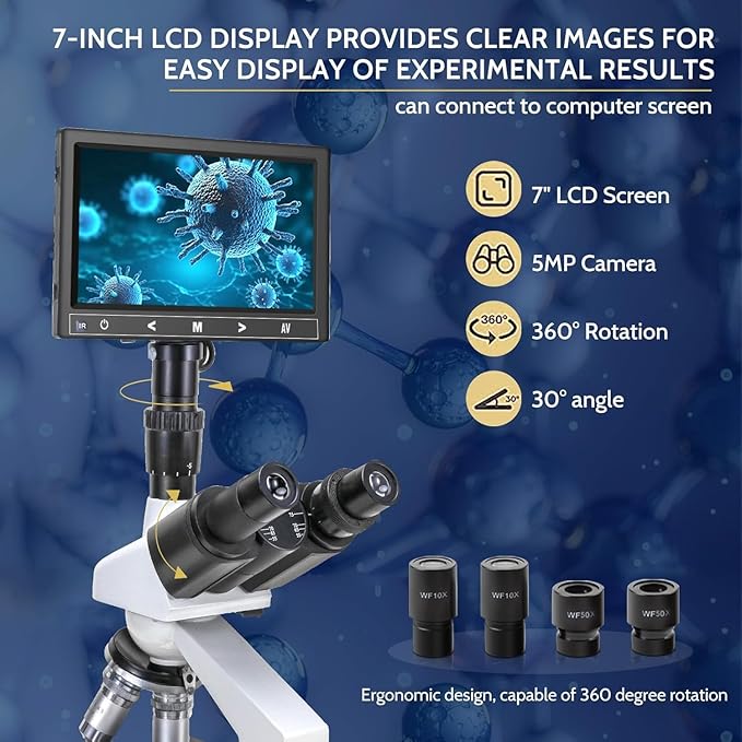 40X-5000X Compound trinocular Microscopes trinocular for Adults,Display Screen, Microscope Accessories, Microscopes for School Laboratory Home Education Abbe Condenser