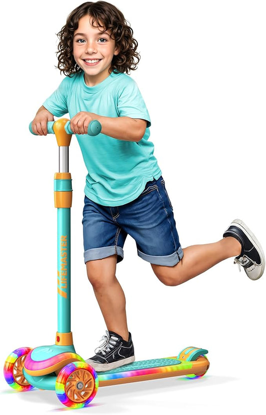 3-Wheel Kids Scooter with Multi-Color Lights on Deck & Wheels – 5-Height Adjustable Handlebar, Wide Anti-Slip Deck, Child Safety Certified, Boys & Girls Ages 3+ Supports Up to 150 lbs