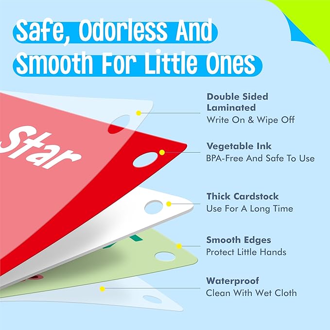 50 PCS First Word Flashcards, Double Sided Learning Cards Alphabet, Foods, Animals, Shapes, Colors, Vehicle, Body Parts with 2 Reclosable Rings, Learning Tool for Pre-K Kindergarten Toddlers