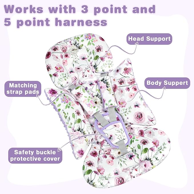 3-in-1 Infant Car Seat Insert, Soft Head and Body Support,Ultra & Strap Covers Set, Reversible Newborn Car Seat Cushion Pad for Baby Boy & Girl fits Stroller, Swing, Bouncer (Purple Flowers)