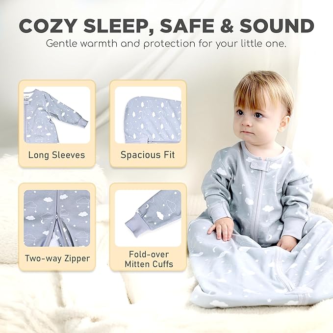 Mama Cheetah Baby Sleep Sack with Sleeves, 0.5 TOG Organic Cotton Wearable Blanket and Two-Way Zipper, Swaddle Transition Long Sleeve Sleeping Bag for Newborn Infant Toddler, 6-12 Months