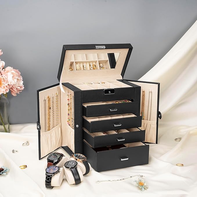 AKOZLIN 5-Tier Jewelry Box Lockable Leather Jewelry Storage Case with 4 Drawers for Women Girls Ring Necklace Earring Bracelet Watches Holder Organizer with Mirror