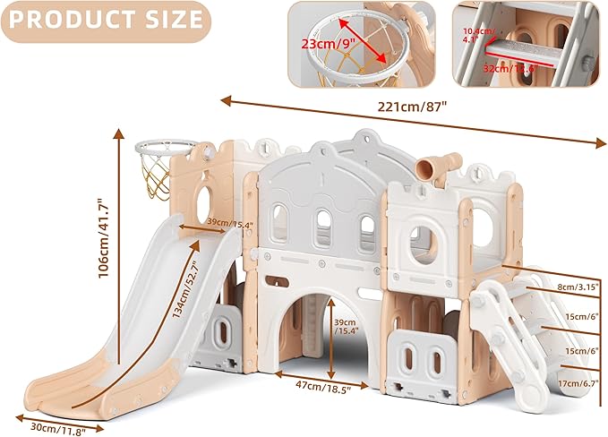 8 in 1 Toddler Slide, Kids Climber Slide with Storage Space and Non-Slip Steps, Indoor Outdoor Playset with Basketball Hoop and Telescope, Slide for Toddlers Age 1-3, Pink White