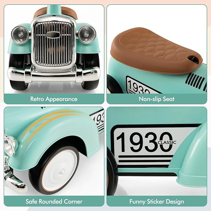 HONEY JOY Ride On Push Car, Outdoor Toddler Riding Toys w/Steering Wheel, Horn & Storage, Foot-to-Floor Sliding Car, No Batteries, Retro Baby Ride On Toys for Boys and Girls (Green)