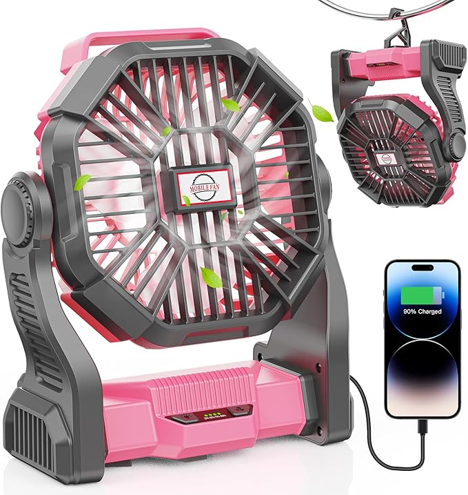 30000mAh Portable Battery Powered Camping Fan - with LED Light, Quiet Battery Operated, Camping Gear for Travel, Tent, Beach, Car or Hurricane Power Outages, Pink
